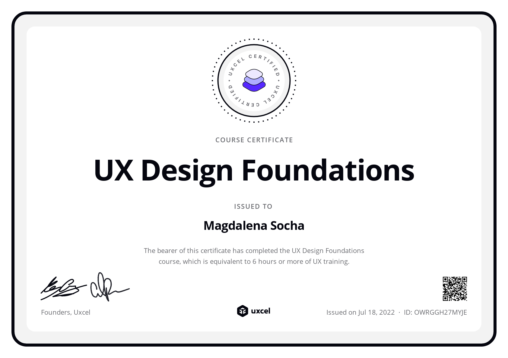 Magdalena Socha's certificate